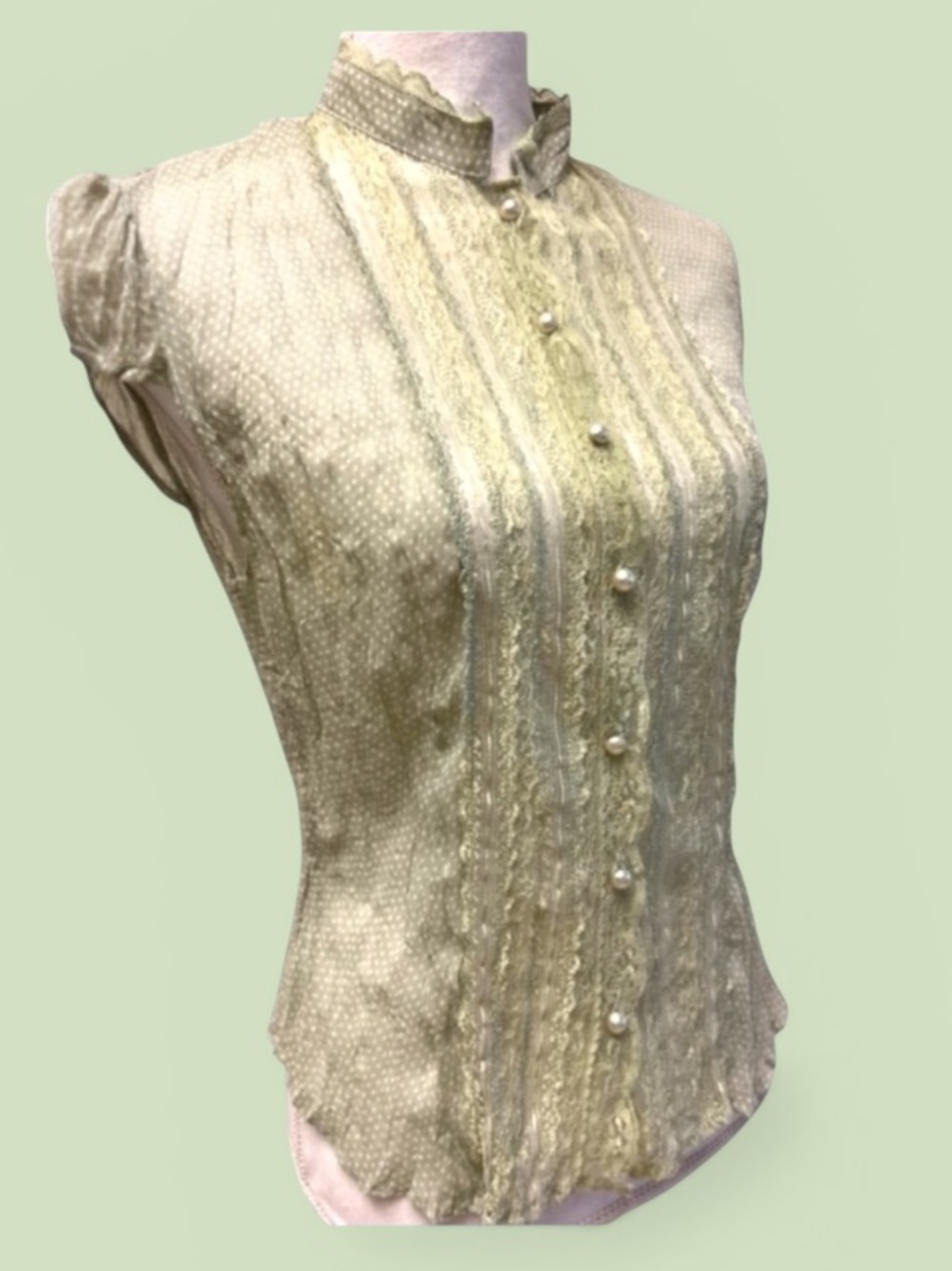 Vintage 90’s light green polka dot lace blouse with pearl buttons